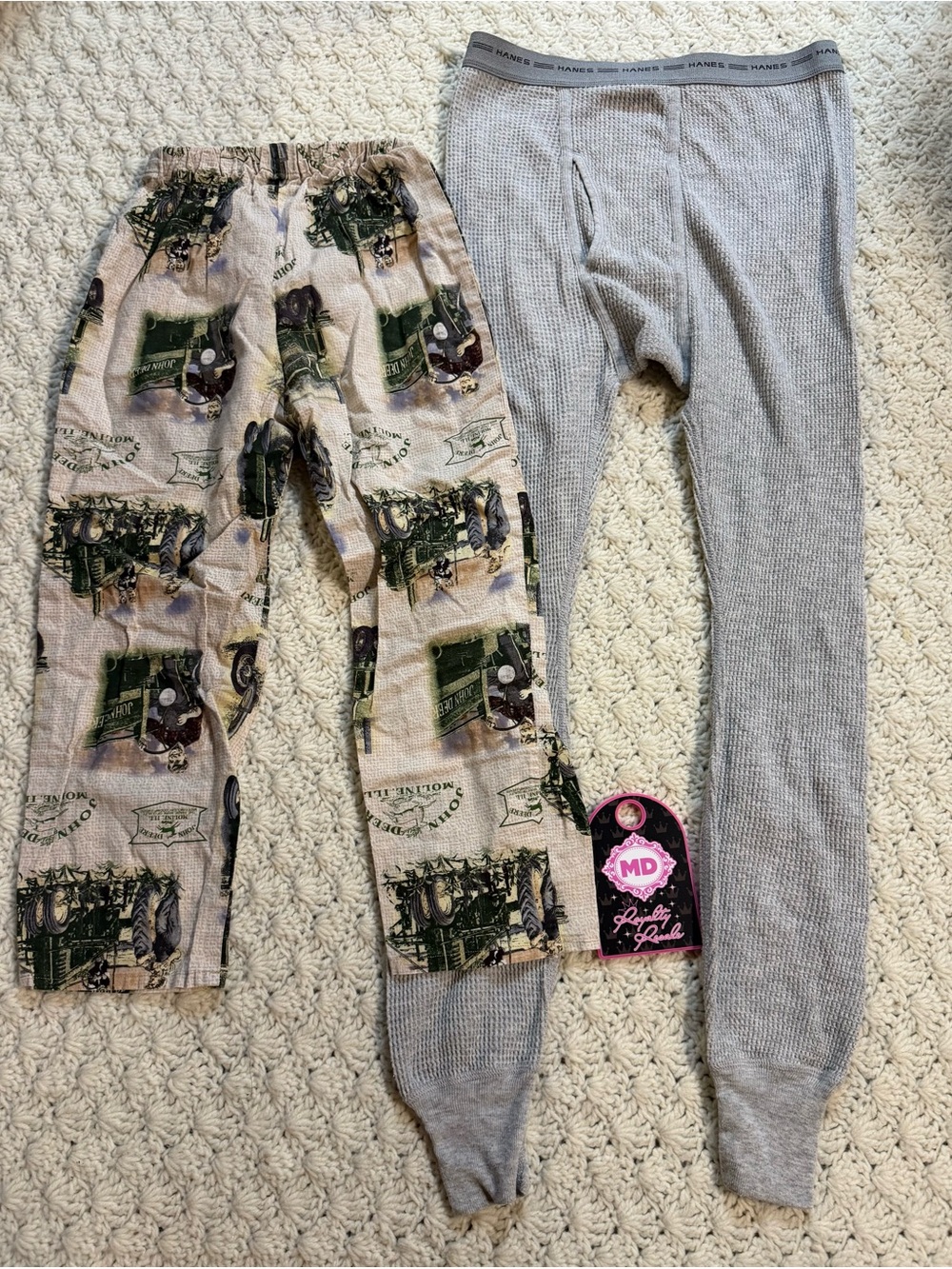 Hanes Kids Pajama Bottoms - Gray Thermal and Beige Printed Lounge Pants